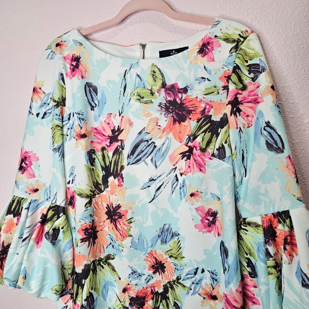 Ronni Nicole Womens Dress Floral Blue Bell Sleeve Shift Midi Wedding Easter - Picture 3 of 9